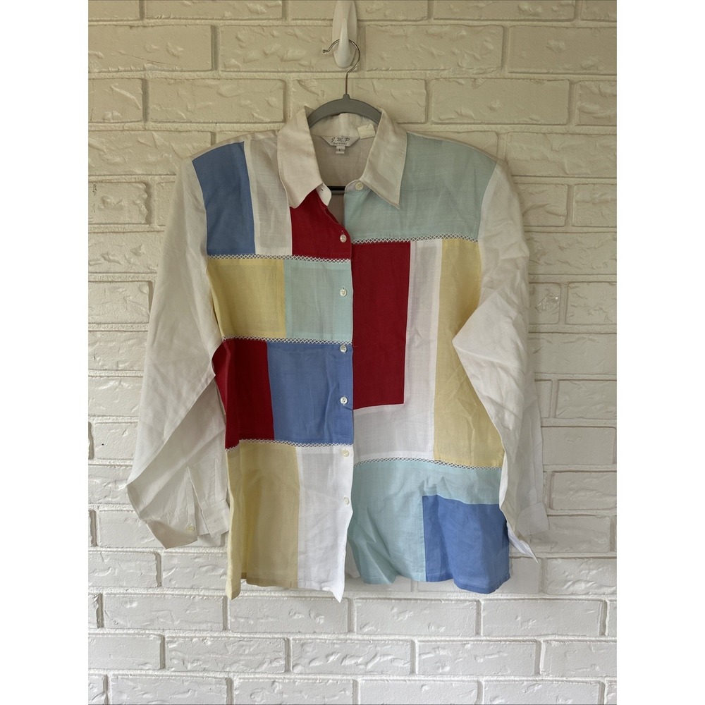 J.M.P Fashions Women's L 100% Linen Patchwork Colorblock Button Up Shoulder Pads